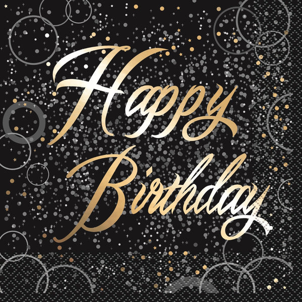 GLITZ GOLD 16 FOIL STAMPED "HAPPY BIRTHDAY" LUNCHEON NAPKINS 2PLY 33CM X 33CM (13" X 13")